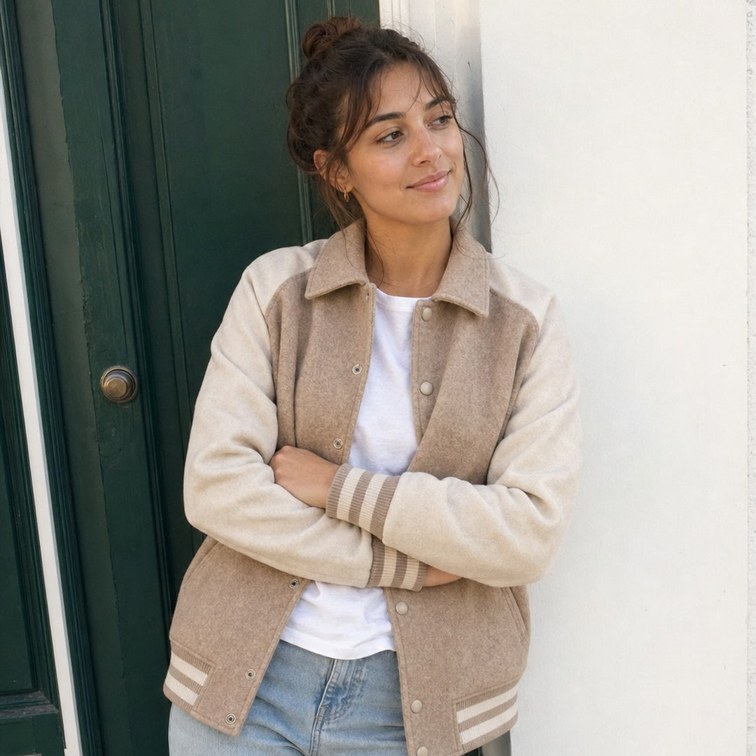 College Jacke Lena Lind Creme Beige getragen #farbe_creme-beige